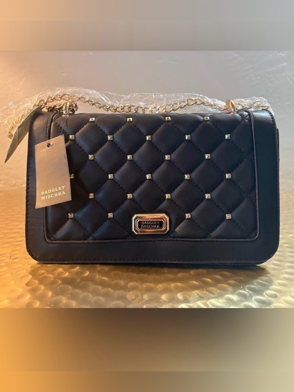 NWT Badgley Mischka Black Crossbody Gold Chain Studded Bag